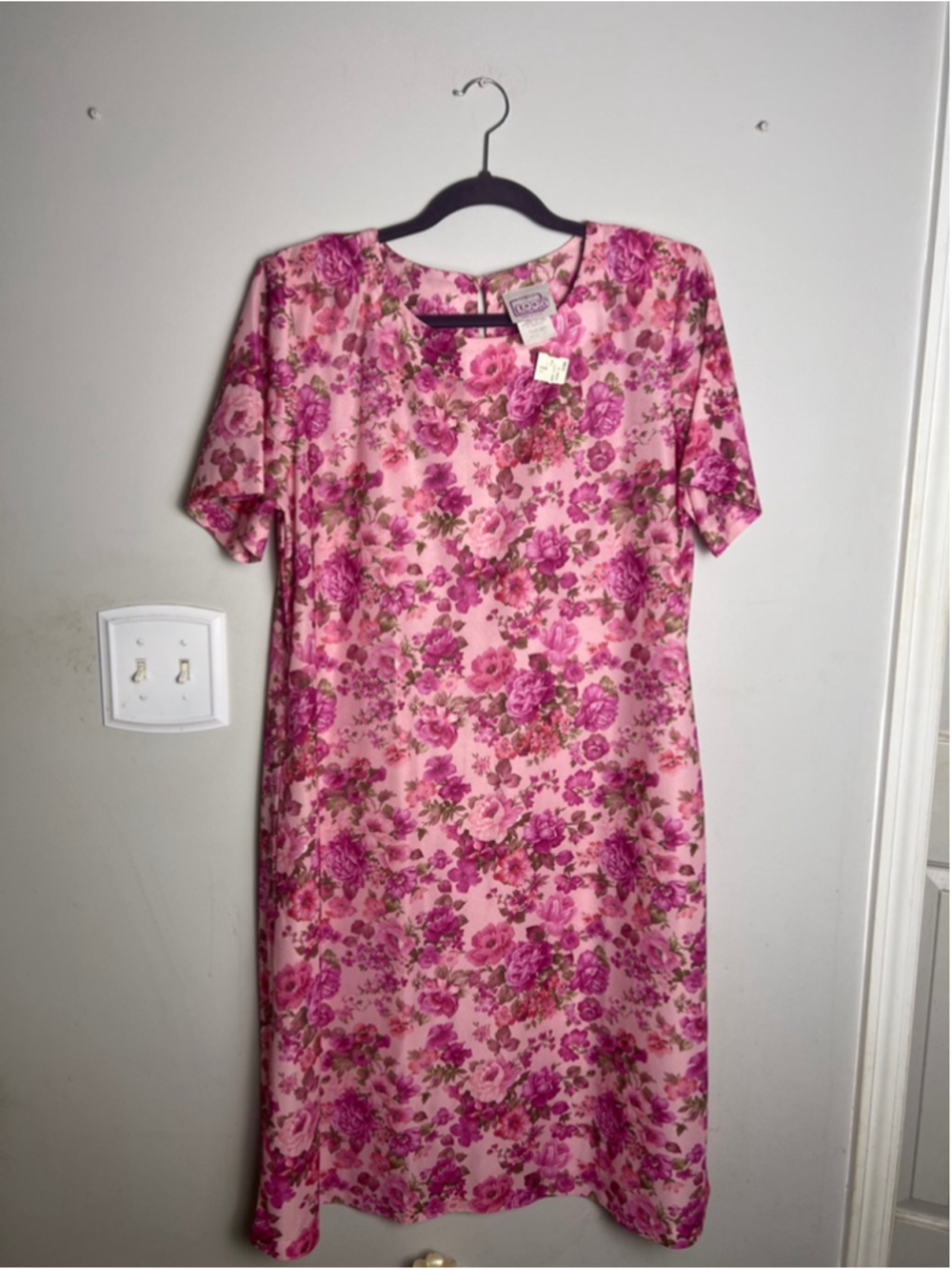 Vintage 80s Floral Dress Pink Cottagecore USA Made 18 Midi Shift Retro Granny